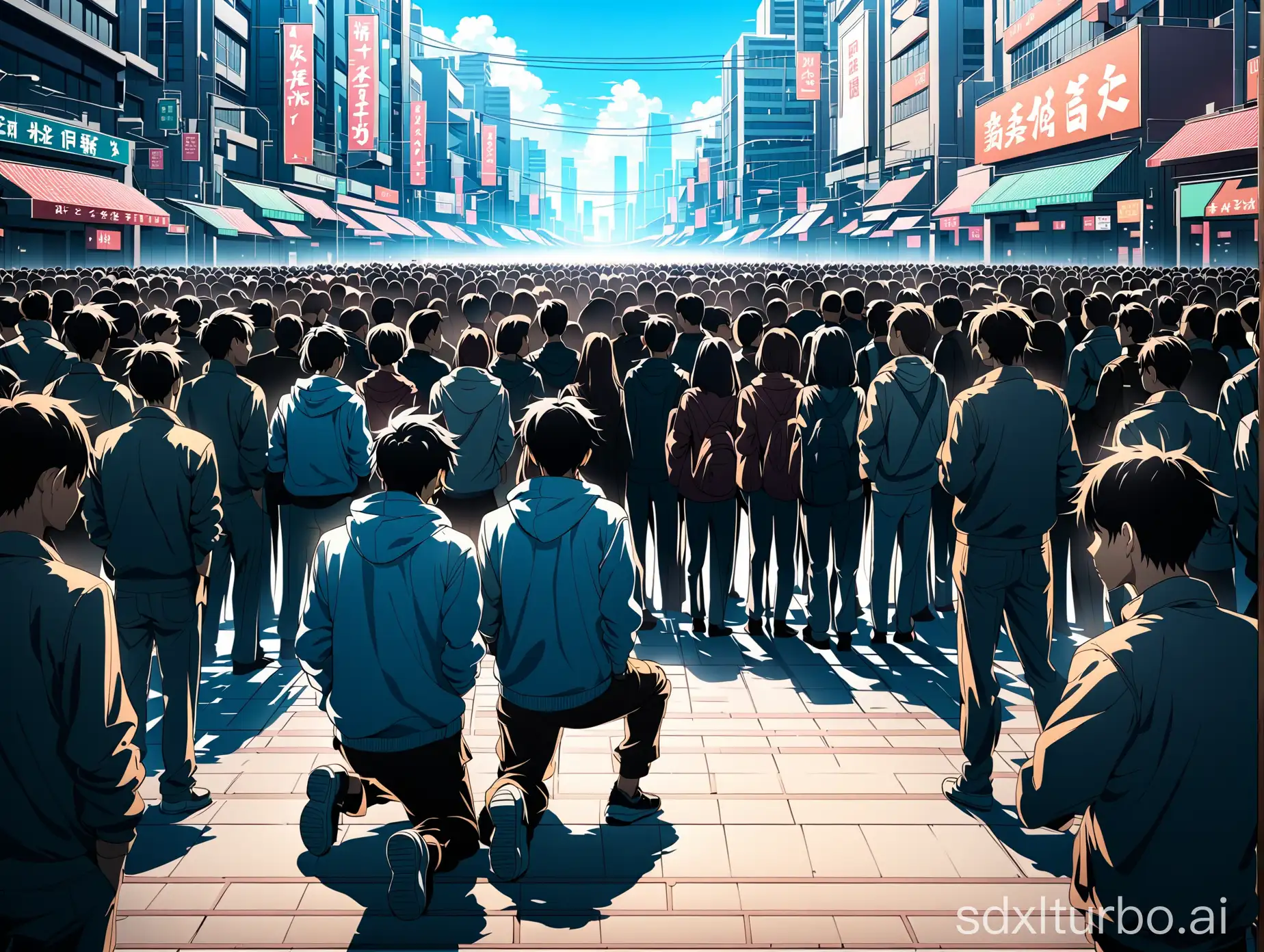 Anime style, crowd kneeling on the modern urban streets, high-definition picture quality, 4K, original