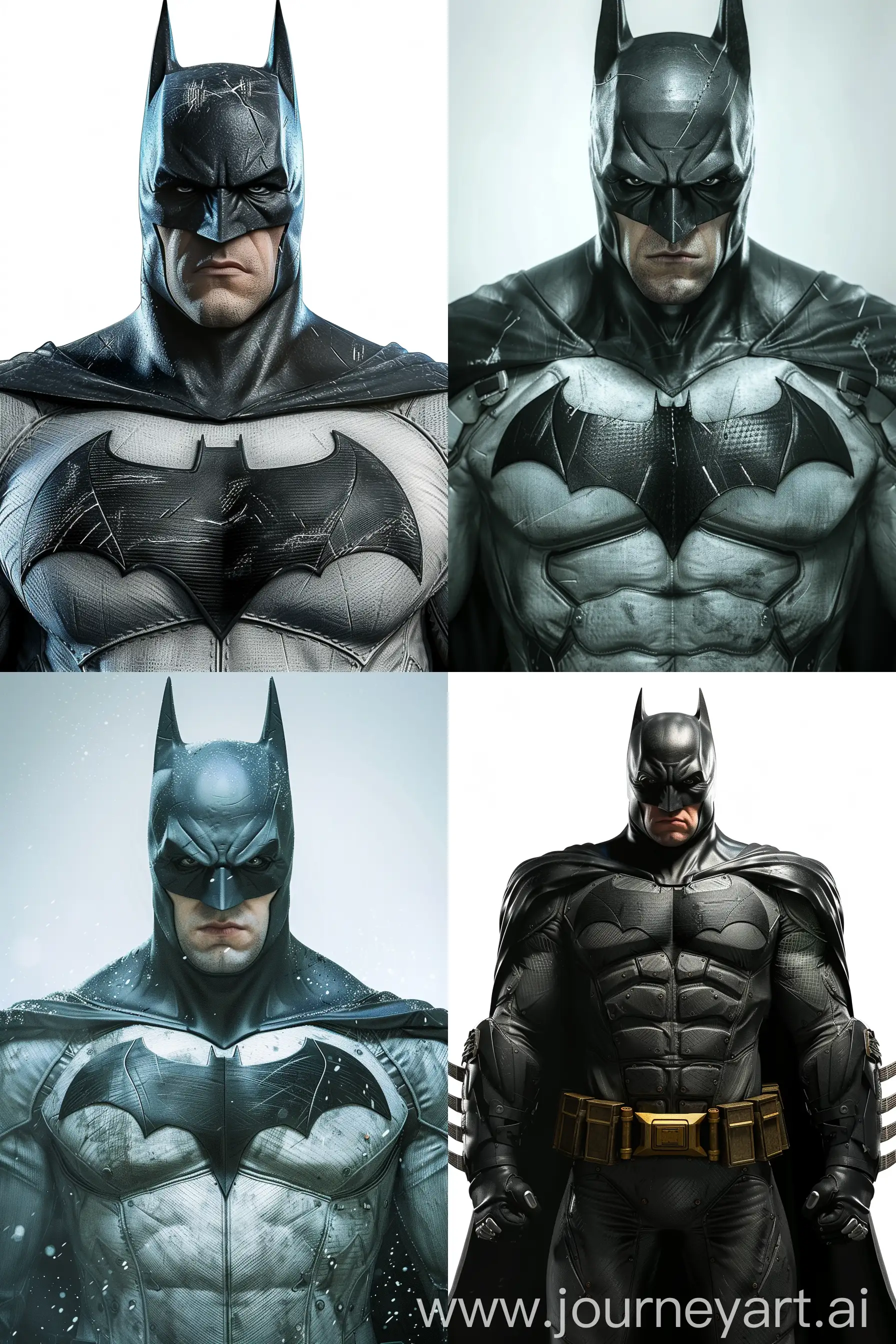 batman very realistic version, avatar with very high graphics, very detailed, white color background, make it look great, make it spectacular, extreme quality, maximum quality, 8k, —ar 2:3 