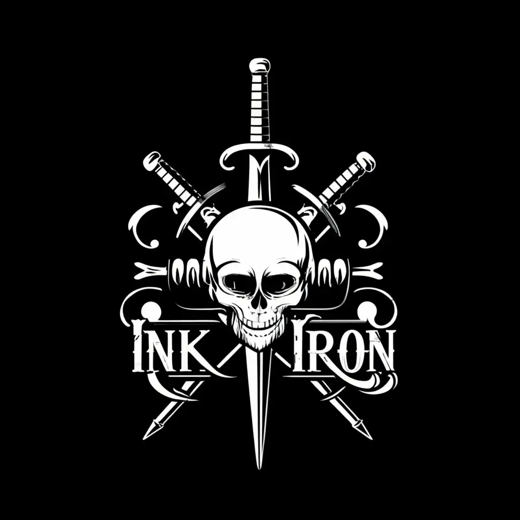 a logo design,with the text "Ink And Iron", main symbol:an ink bottle a quill and and a sword crossing behind a skull,  make it gothic, black background white script,Moderate,be used in Retail industry,clear background