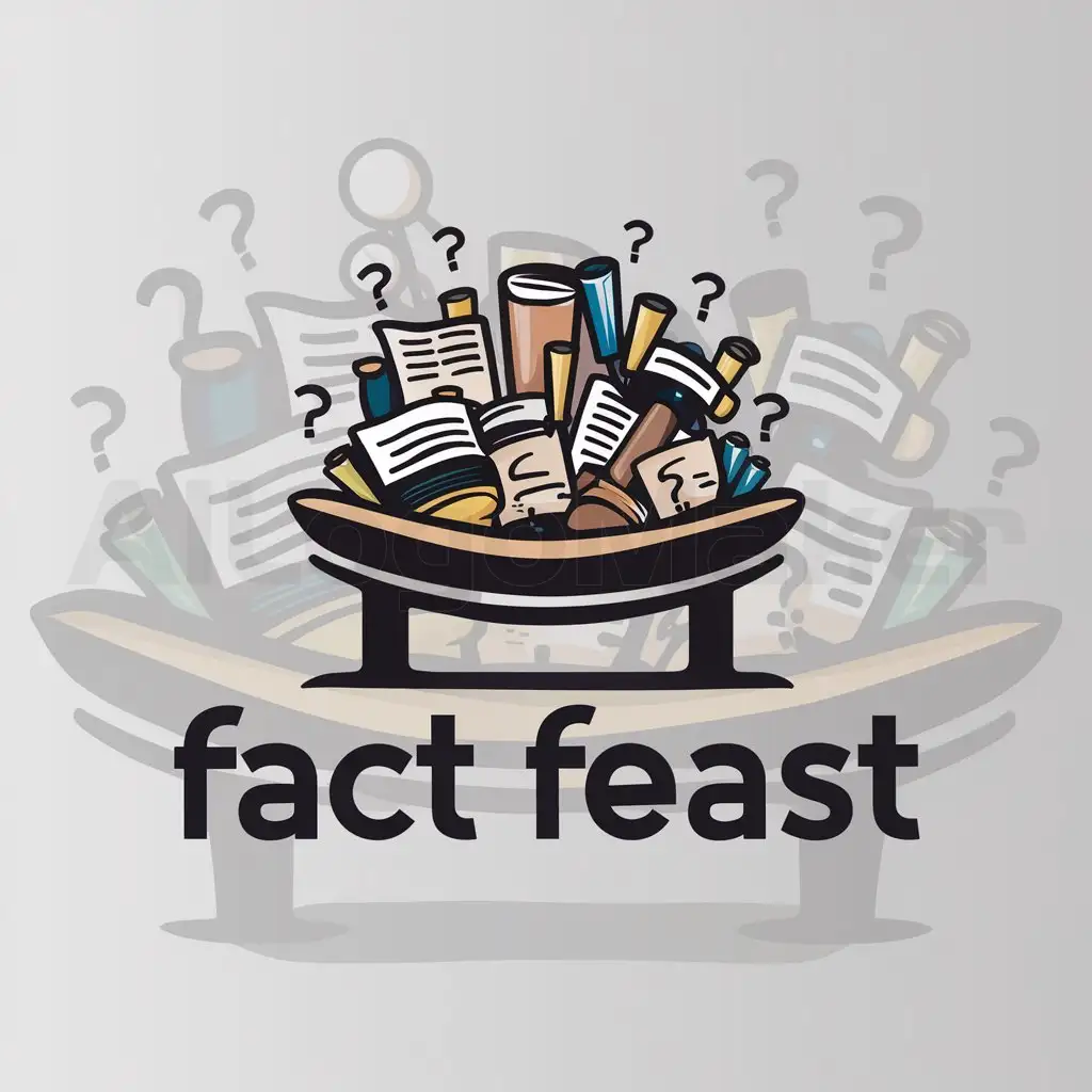 a logo design,with the text "Fact Feast", main symbol:a banquet table filled with various knowledge-related items such as books, scrolls, or symbols like magnifying glasses or question marks.,Moderate,be used in fact industry,clear background