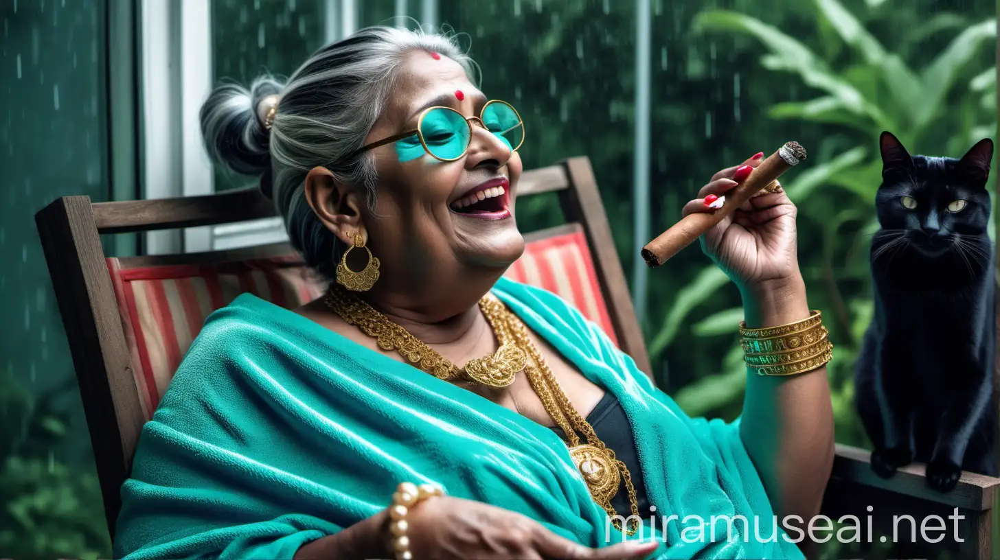 Laughing Indian Mature Woman in Neon Turquoise Towel Smoking Cigar in Luxurious Rainy Palace