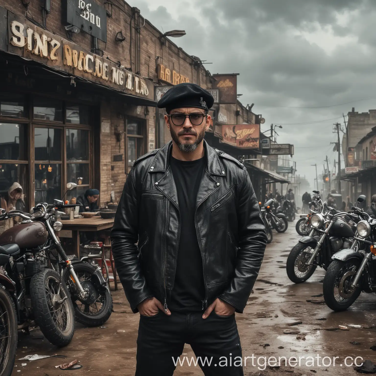 Мужчина в черном берете и черных очках, одетый в кожанную куртку смотрит на пасмурное небо, пока на заднем фоне байкеры собирают свои вещи у мотоциклов у старого бара в постапокалипсис в городе

