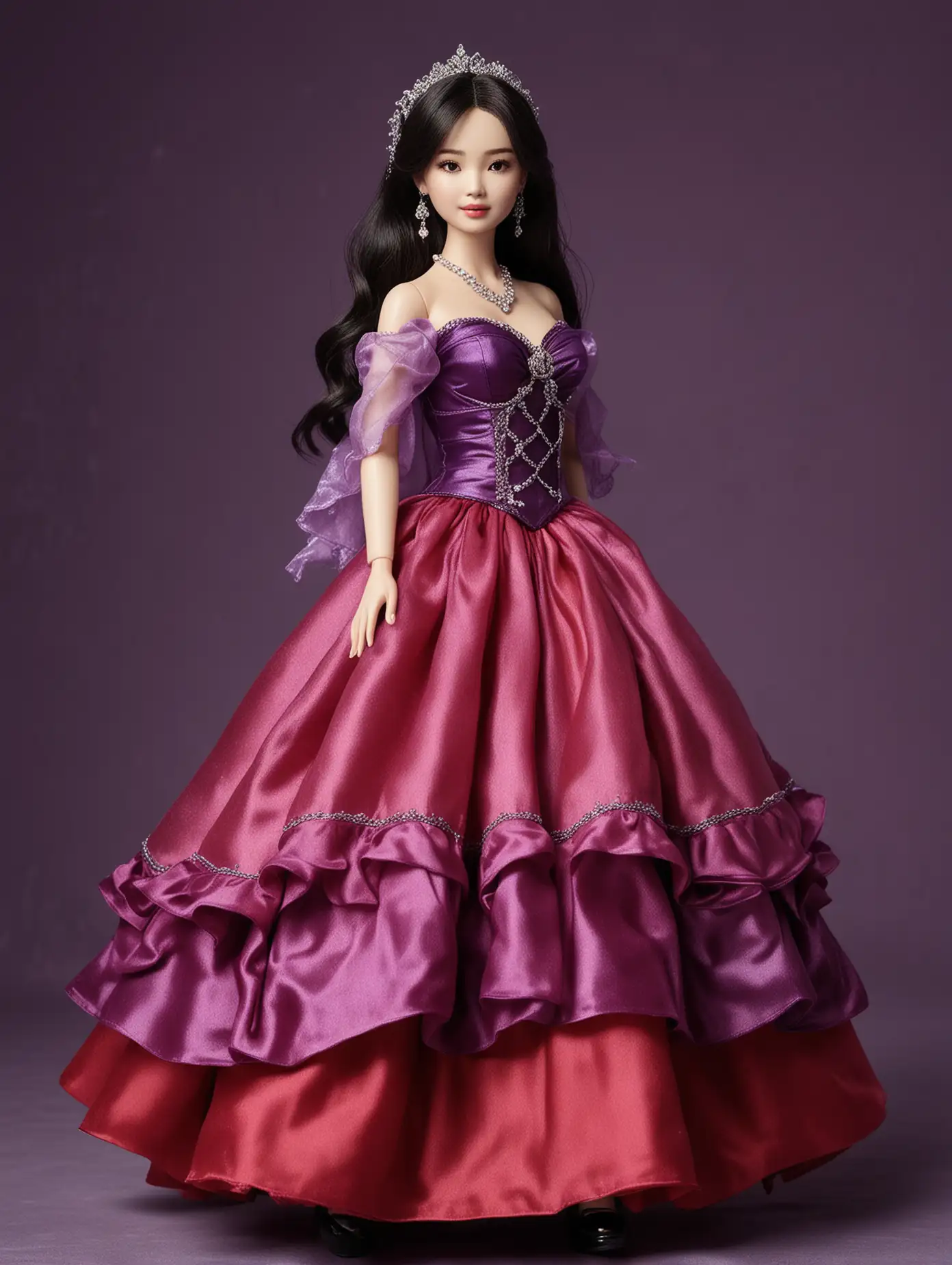 Song Hye-kyo is a very beautiful and chubby teenage Barbie doll. Height 5CM. wearing a shiny, red, purple, wavy fairy costume. Shawl. Long Skirt Cute Pose Style. black shoes. fashion week at the photo studio