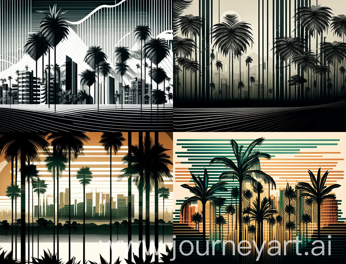 urban cities made of several thin stripes, with coconut trees