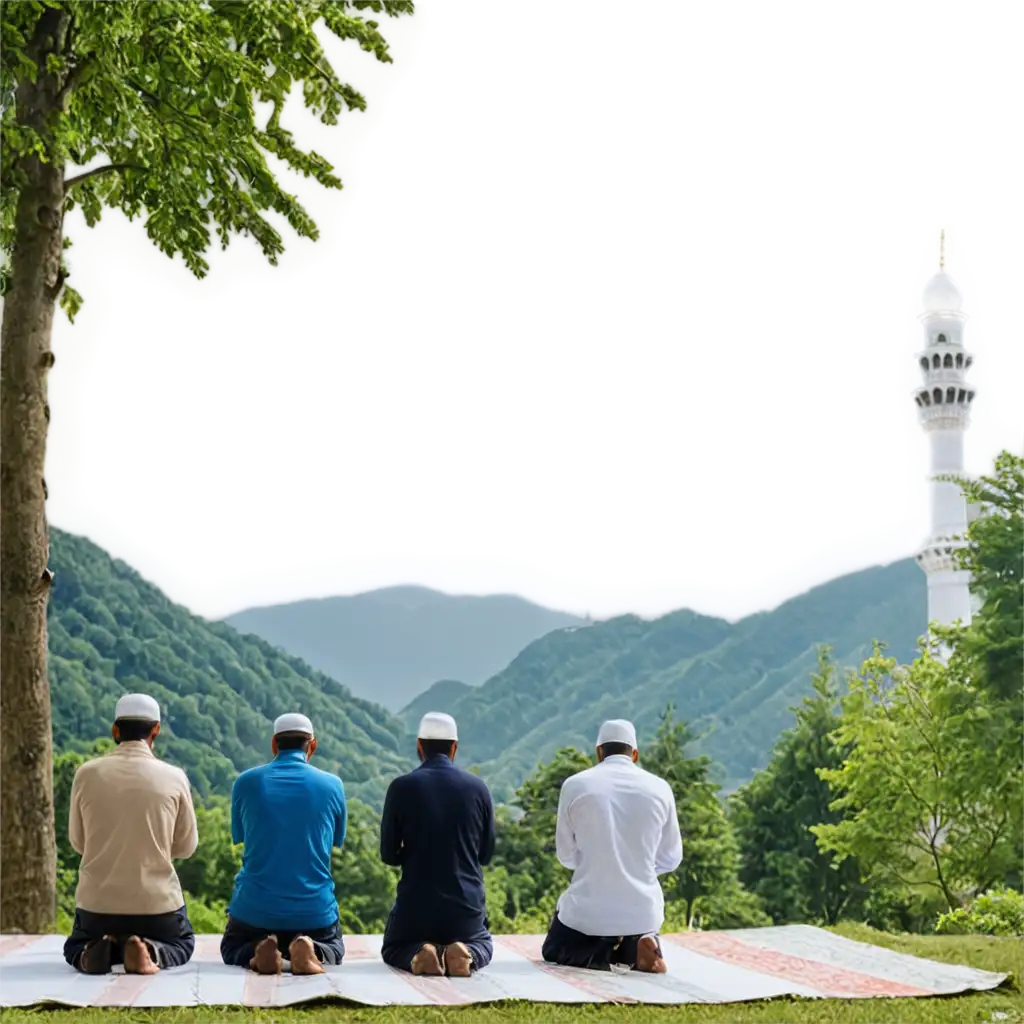 PNG-Image-Serene-Scene-of-People-Praying-at-Mosque-Amidst-Nature-and-Mountains