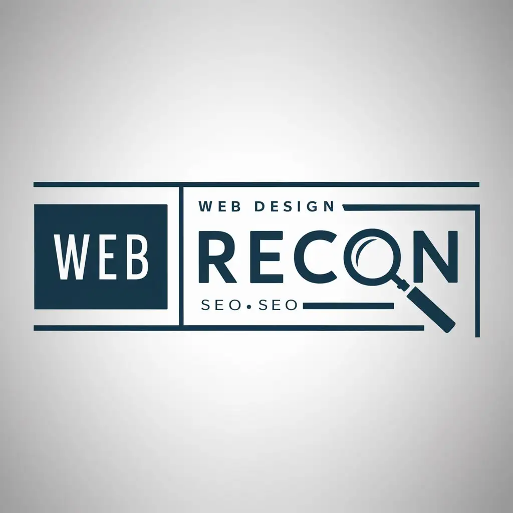 a logo design,with the text "Web Recon", main symbol:Create me a logo, rectangular box design for.my company 'Wrb Recon'. It is a tech, Seo and web design company. Incorporate a magnifying glass somewhere in the design. Keep the design crisp, sharp as it needs to be made into a svg or vector,Moderate,be used in Technology industry,clear background