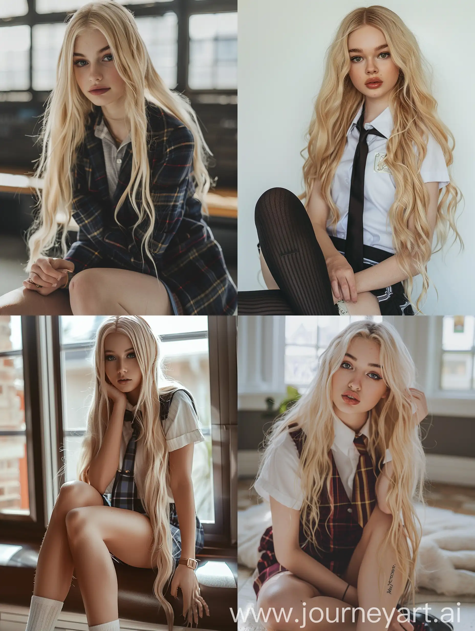 Blonde-Teen-Influencer-Sitting-in-School-Uniform-Beauty-Portrait