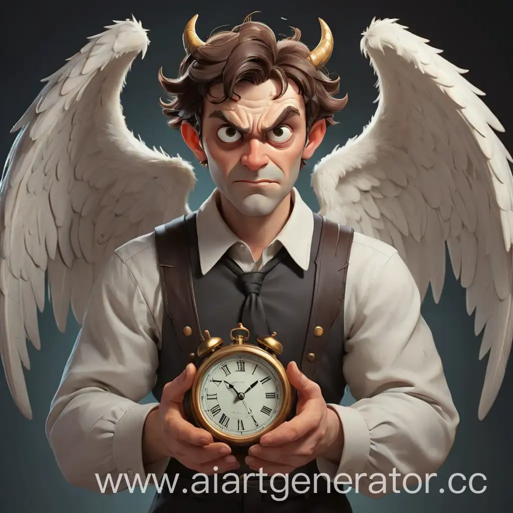 мультяшный мужчина на половину демон на половину ангел держит в руках часы