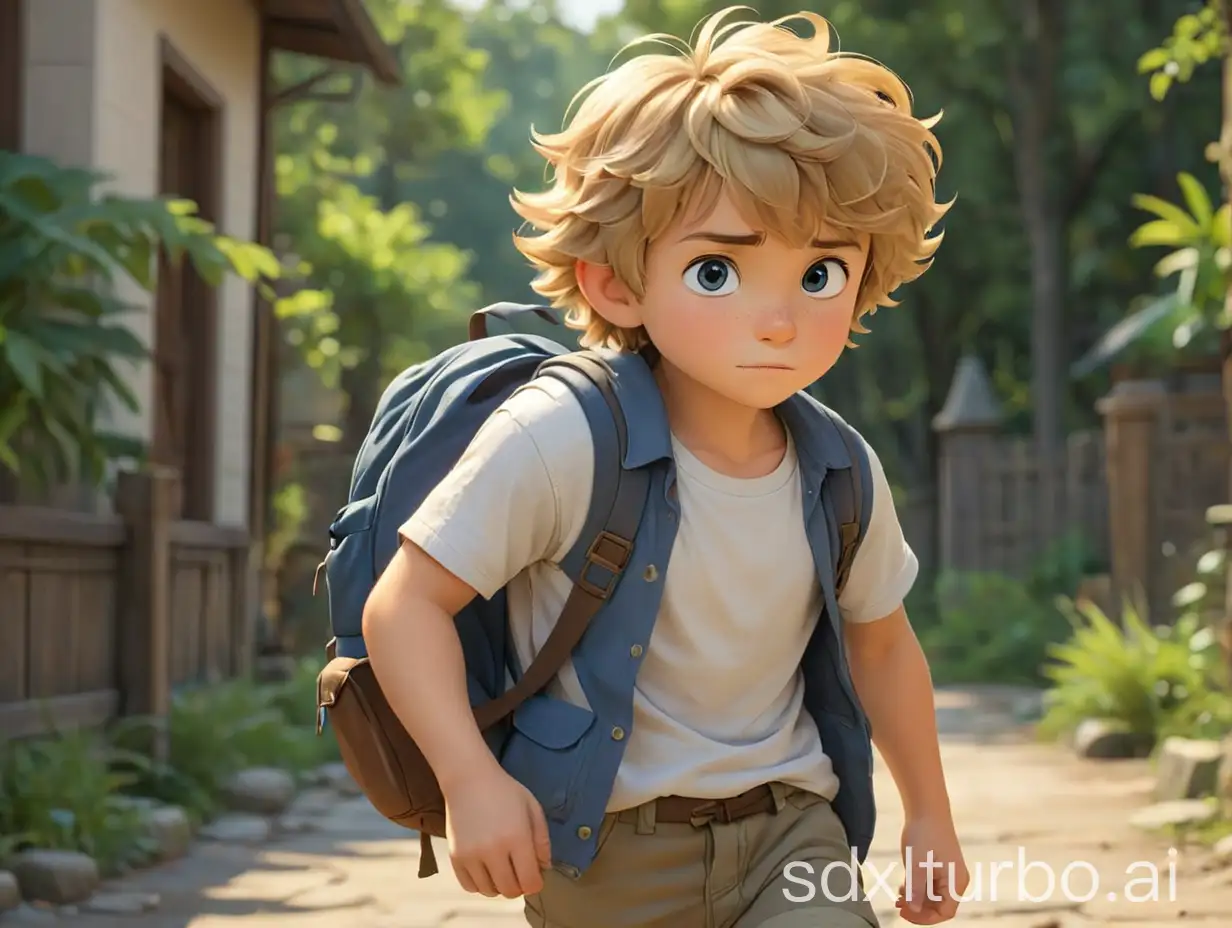 A Disney anime-style little boy with slightly curly blonde hair, wearing a white shirt, a blue tank top, a backpack, brown shorts, and brown martin boots, leaves town
