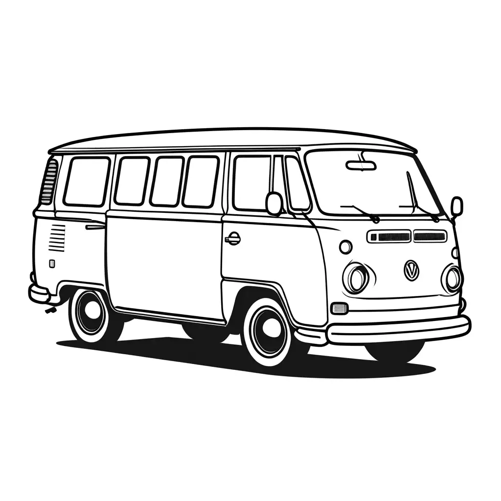 Minivan, Coloring Page, black and white, line art, white background, Simplicity, Ample White Space. The background of the coloring page is plain white to make it easy for young children to color within the lines. The outlines of all the subjects are easy to distinguish, making it simple for kids to color without too much difficulty