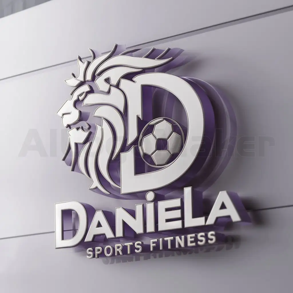 a logo design,with the text "DANIELA", main symbol:create a logo with the letter D, inserted the zodiac sign leo and something related to football, in white and purple color.,complex,be used in Sports Fitness industry,clear background