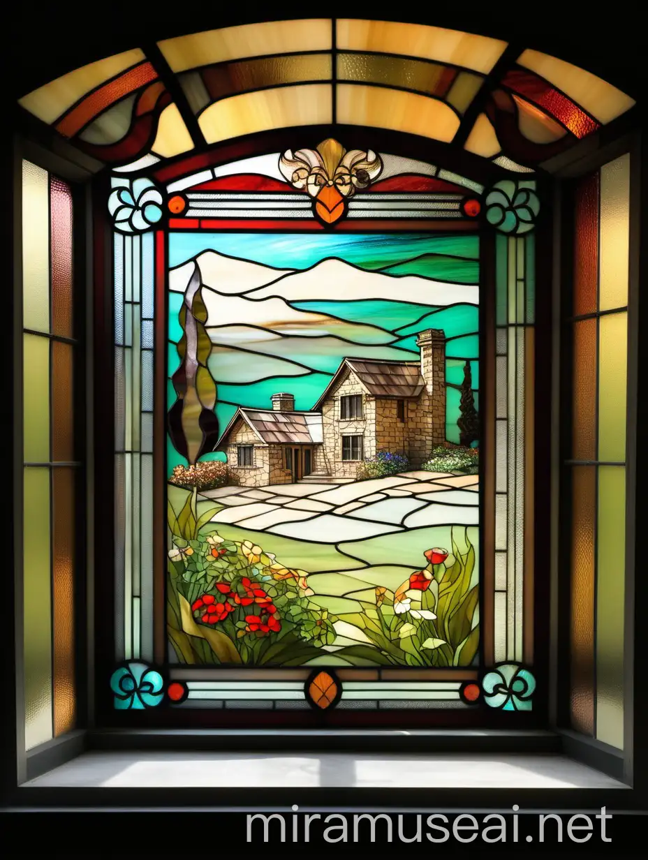 Декор на окне из витражного стекла тиффани в деревенской доме