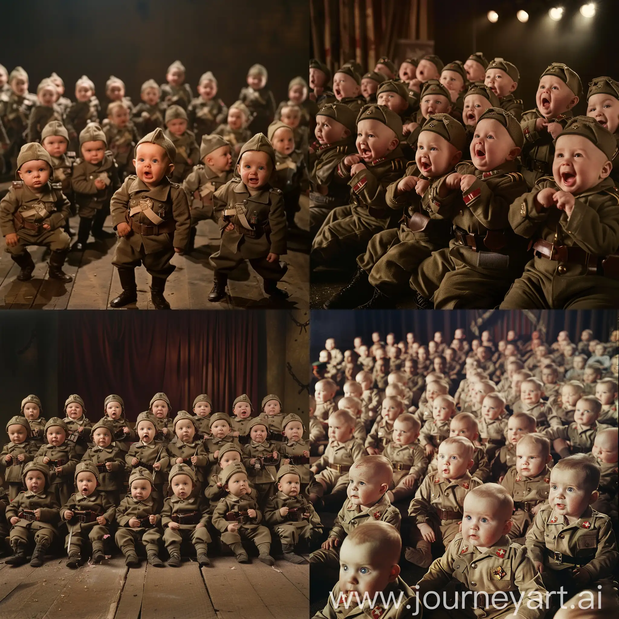An army of babies in World War II, military uniform, stage, cinematographic lighting