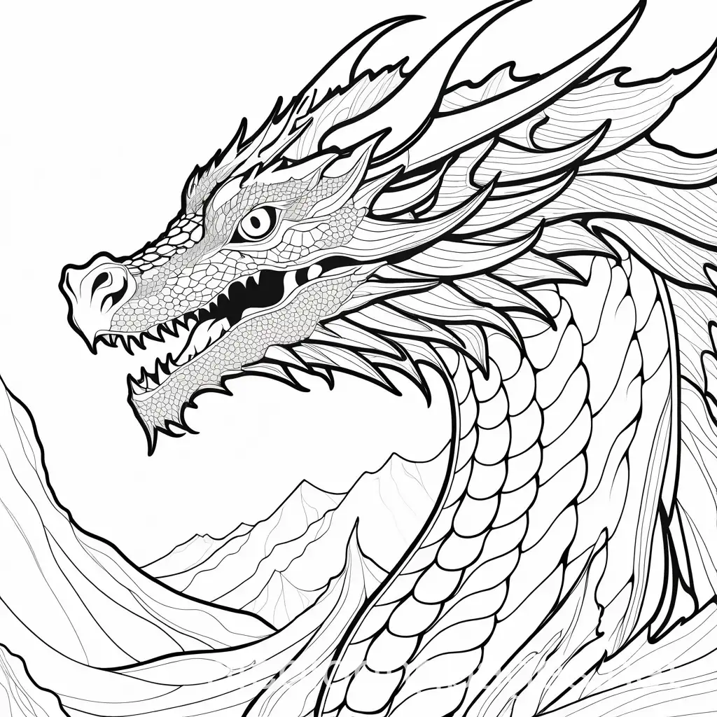 dragon in eye of the 
storm, Coloring Page, black and white, line art, white background, Simplicity, Ample White Space. The background of the coloring page is plain white to make it easy for young children to color within the lines. The outlines of all the subjects are easy to distinguish, making it simple for kids to color without too much difficulty