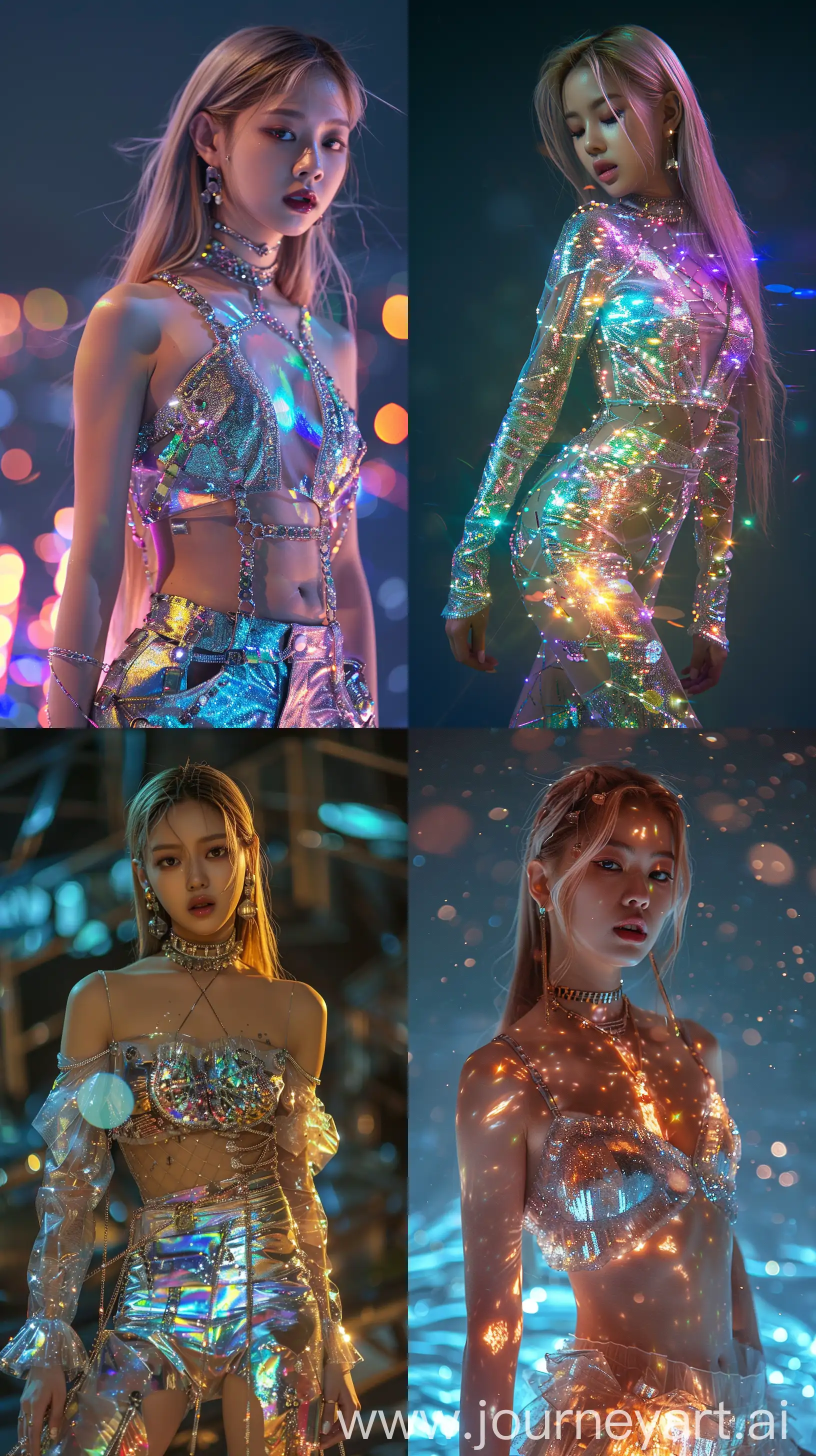 High resolution fashion photo of jennie blackpink's  full body shot, wearing a crystal outfit made of Labradorite, super casual, everyday attire, jennie, lisa,rose,jihyoo blackpink's i d o l,mysterious nocturnal scenes, mischievous motif, album covers, flickr --ar 9:16  --style raw --stylize 250 --v 6
