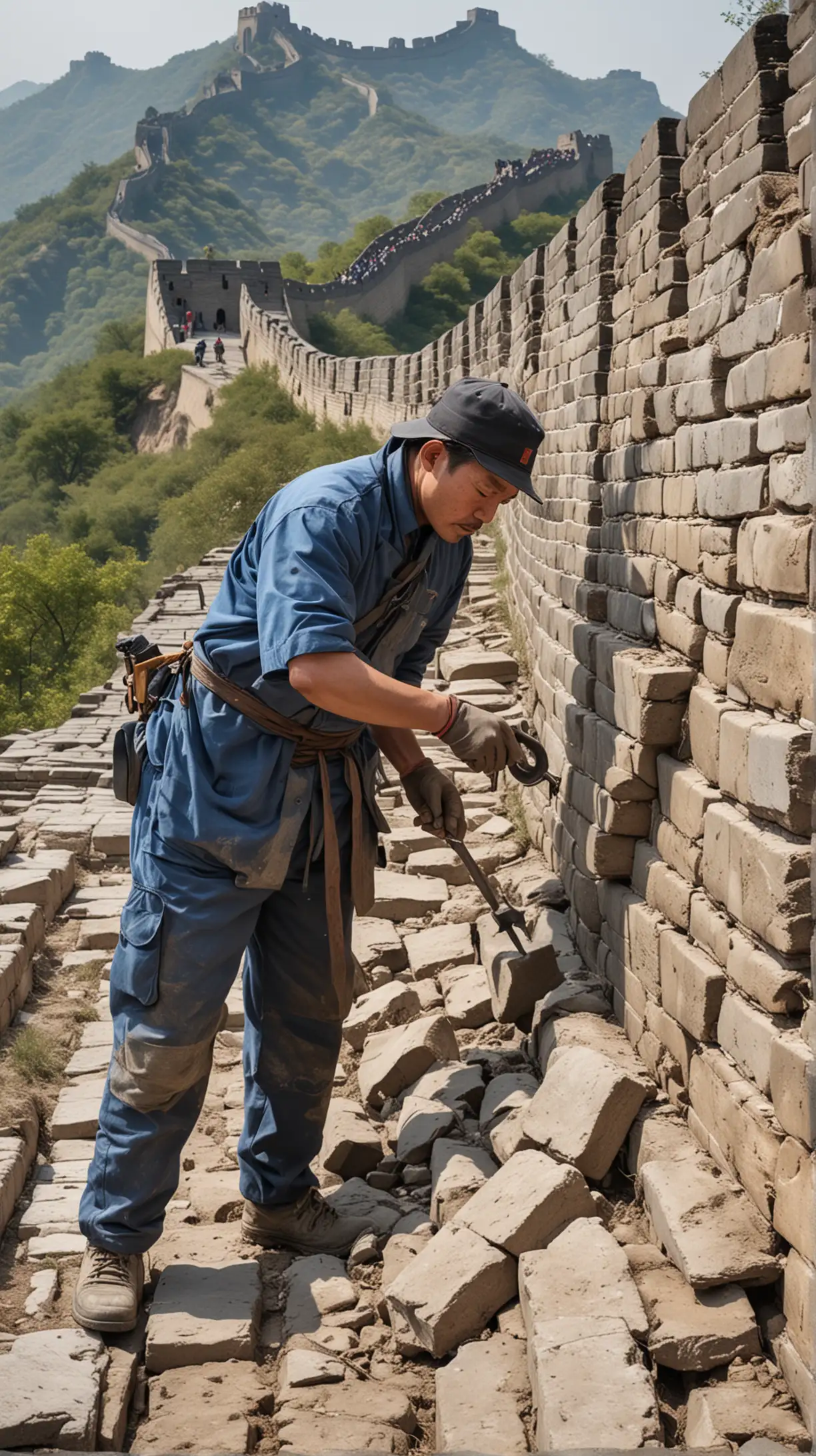 Restoration Efforts: Show workers engaged in restoration and preservation efforts, repairing damaged sections and maintaining the integrity of the Great Wall for future generations. Hyper realistic