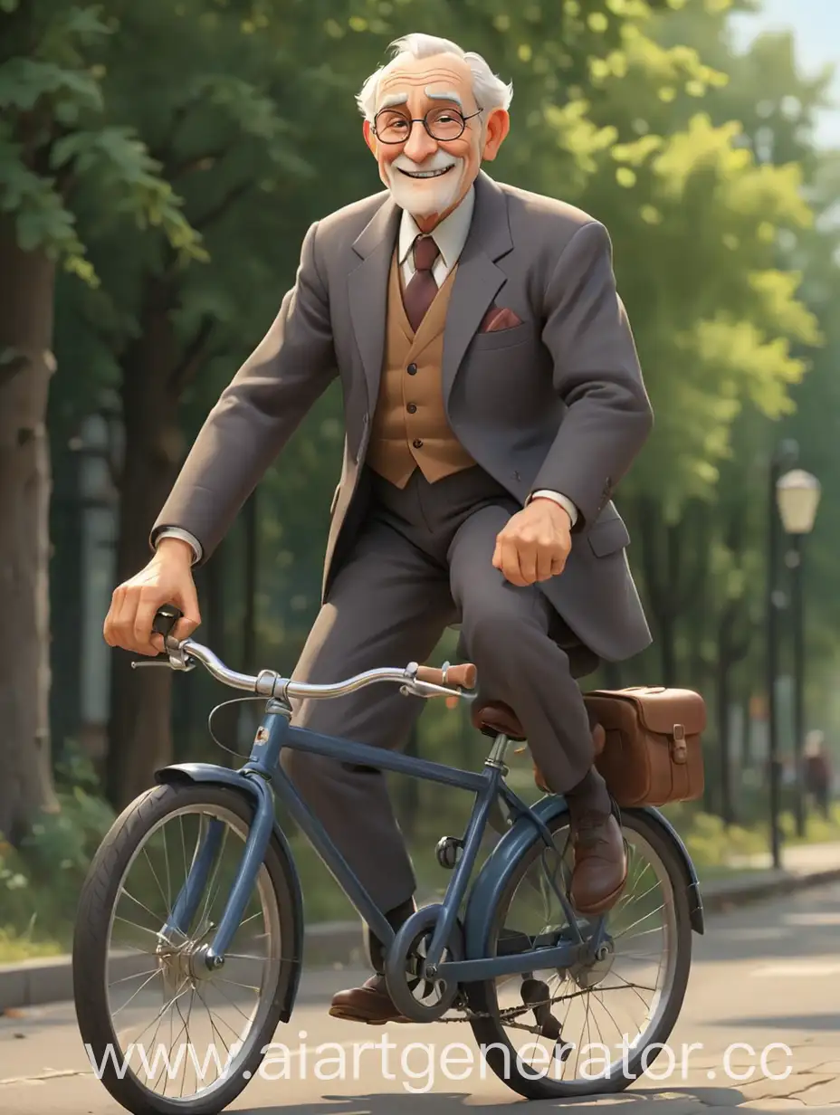 мультяшный солидный добрый милый дедушка в официальном костюме на велосипеде улыбается в полный рост
