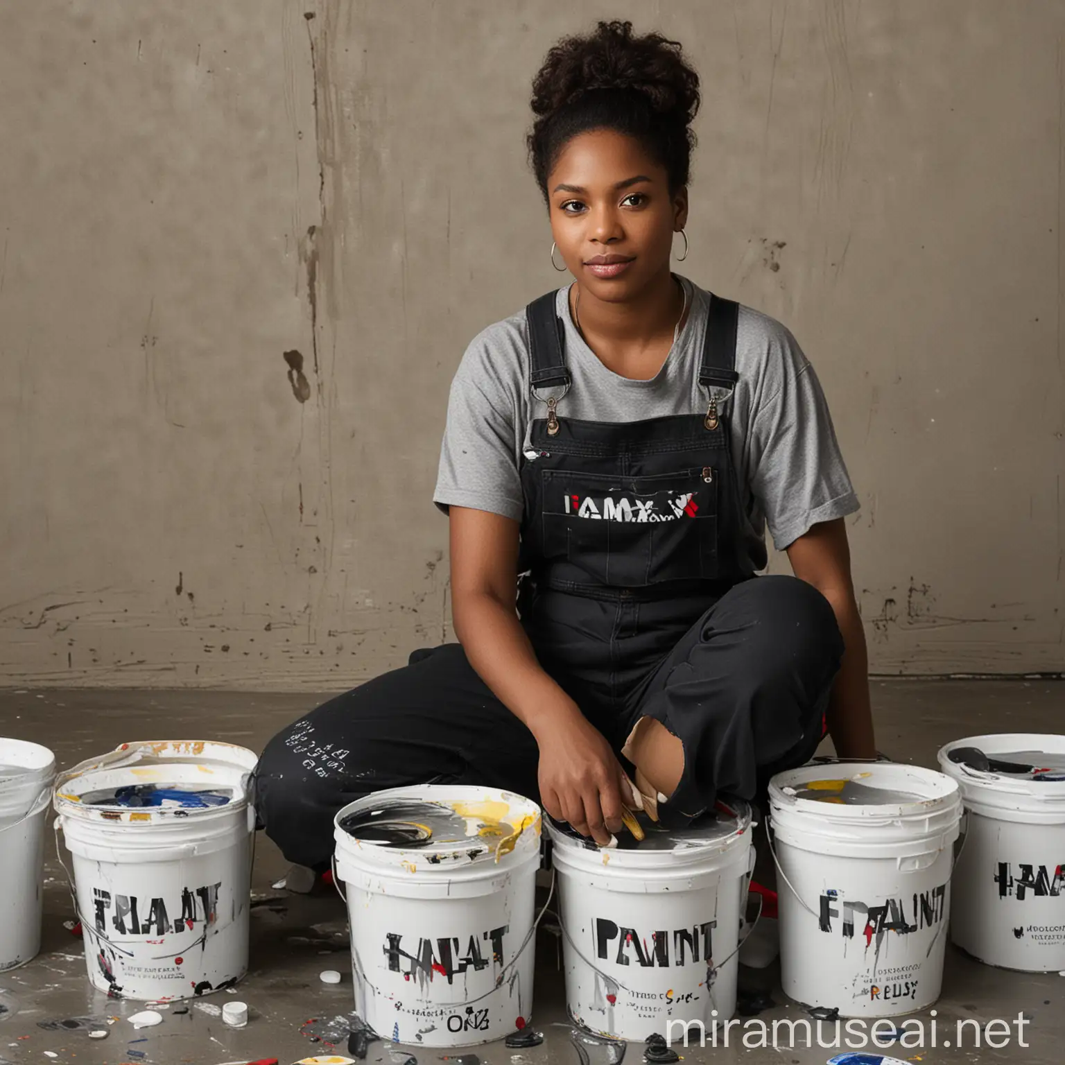 A black woman wearing an overall with I-MAX PAINT written on it, producing paint, and some paint buckets around her, I-MAX PAINT written on the buckets