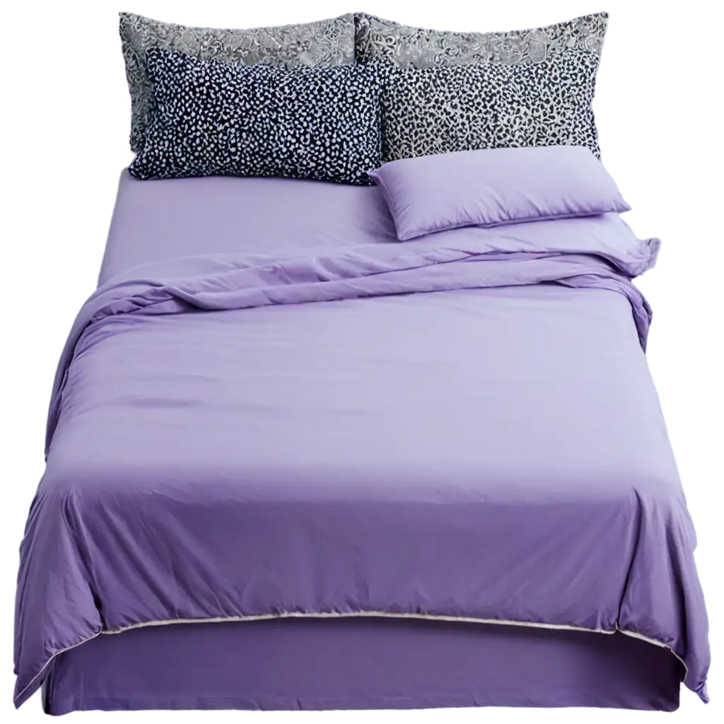 pastel purple bed lots of pillows and blankets