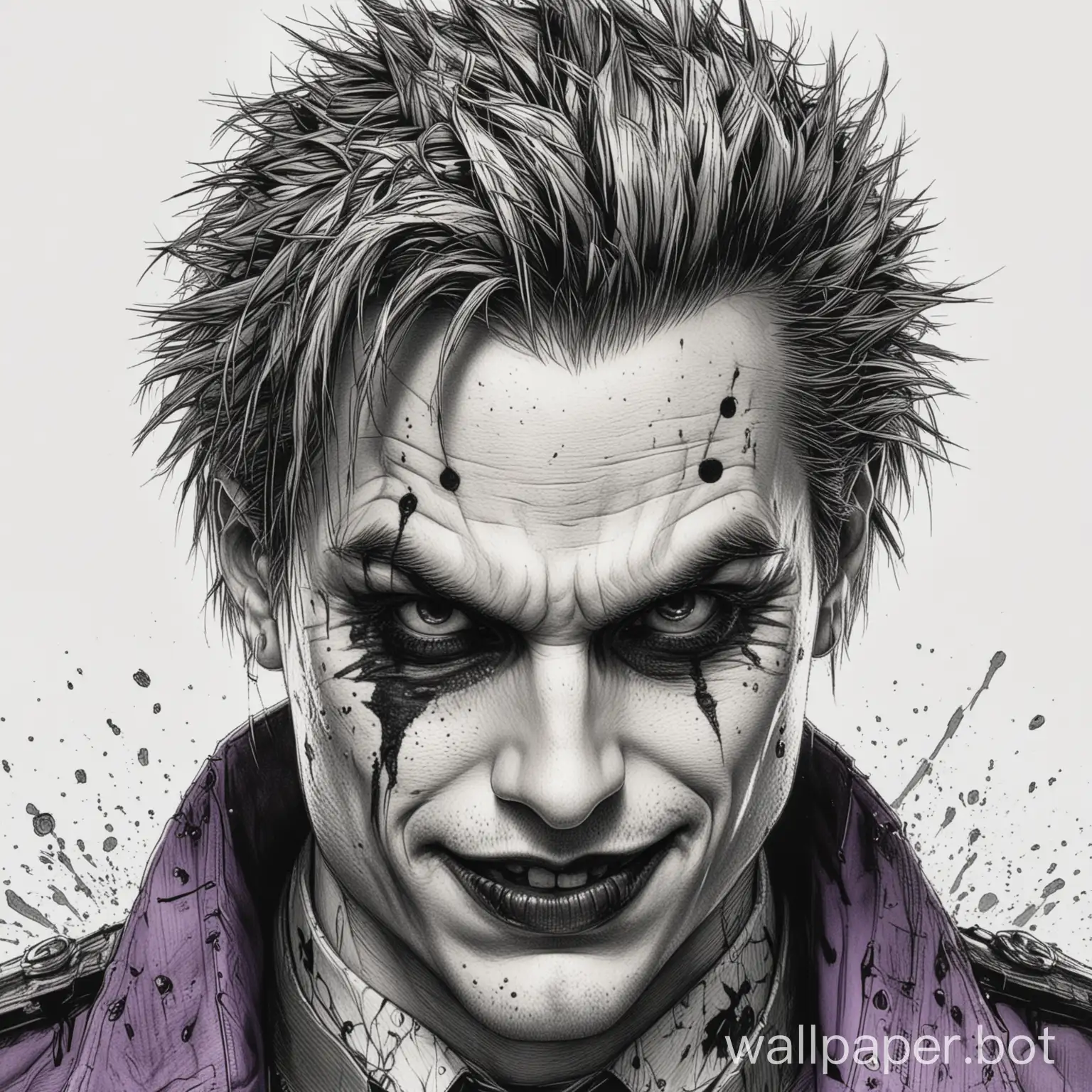 suicide squad joker, short hair, suicide squad, gangsta, serious expressive, male face drawing, explosive hatching chaotic pen art, short hair, front, lineart, comic book art, white background