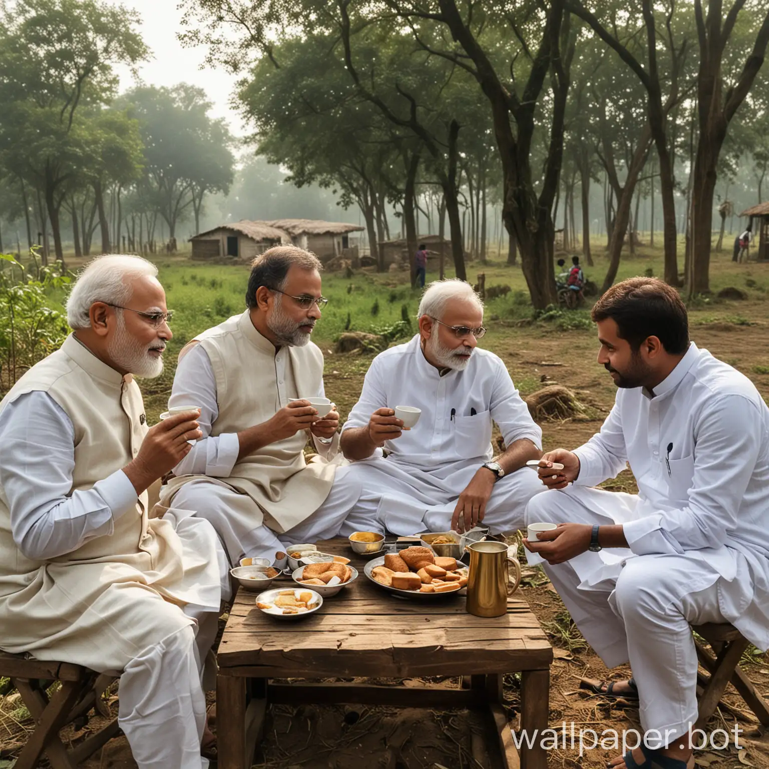 Modi, Rahul and Mamata Banerjee drinking morning tea with breakfast in the morning in a remote Bengali village. Add lots of trees