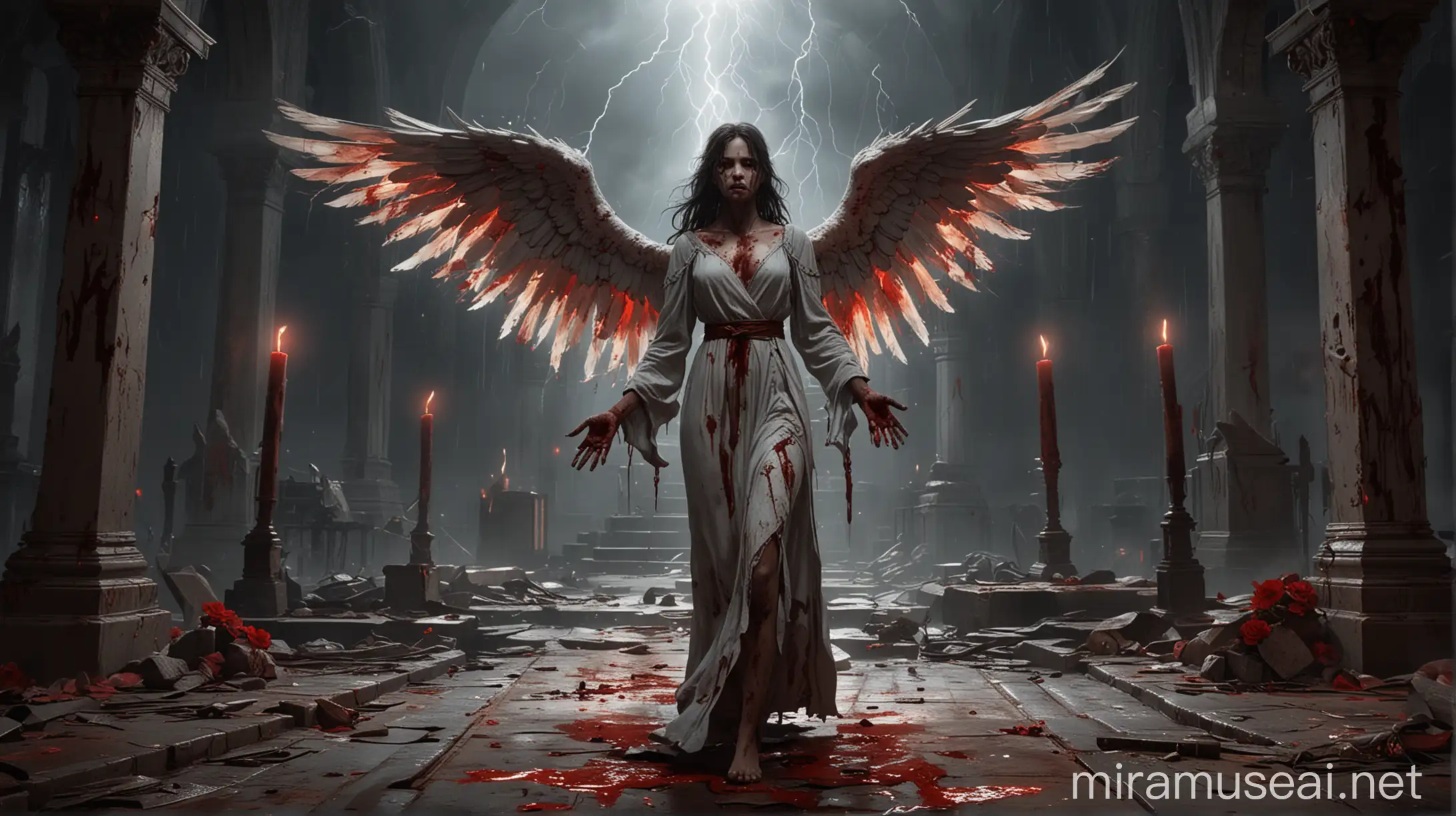 Стиль взятый из игры Disciples 2. Девушка-ангел с окровавленными руками идёт к алтарю на котором бушует буря с кровавыми молниями