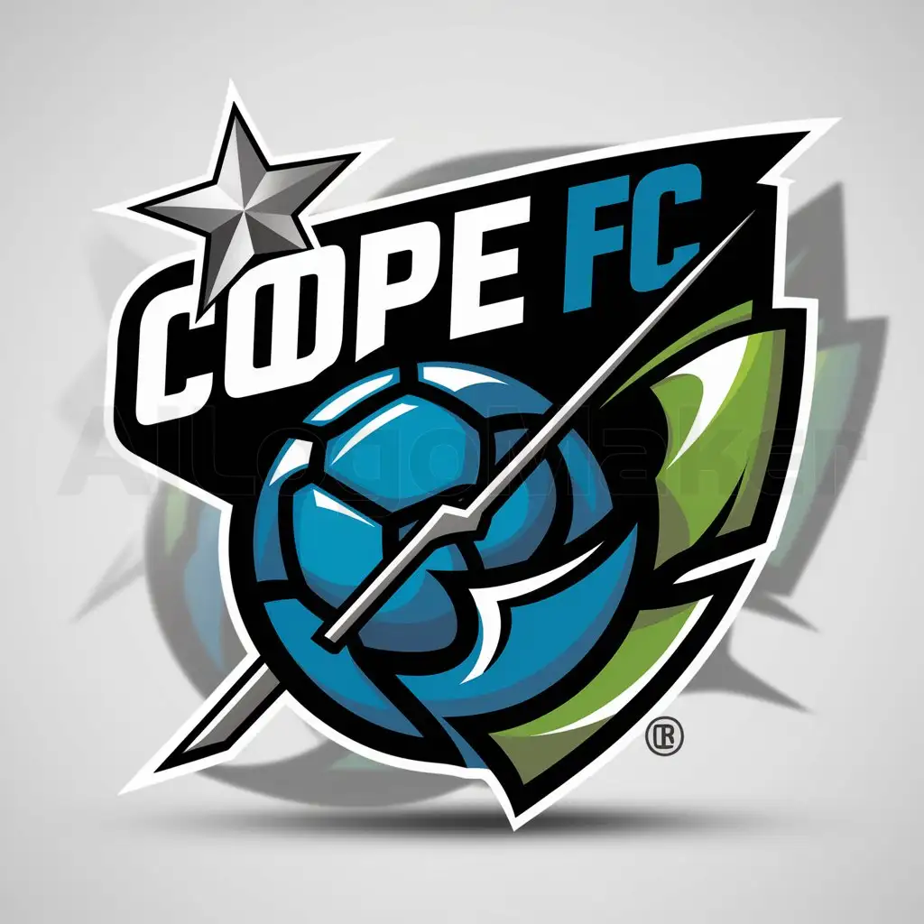a logo design,with the text "COPE FC", main symbol:Pelota de futbol with flag with color blue electric and water green with a silver star,Moderate,be used in Sports Fitness industry,clear background