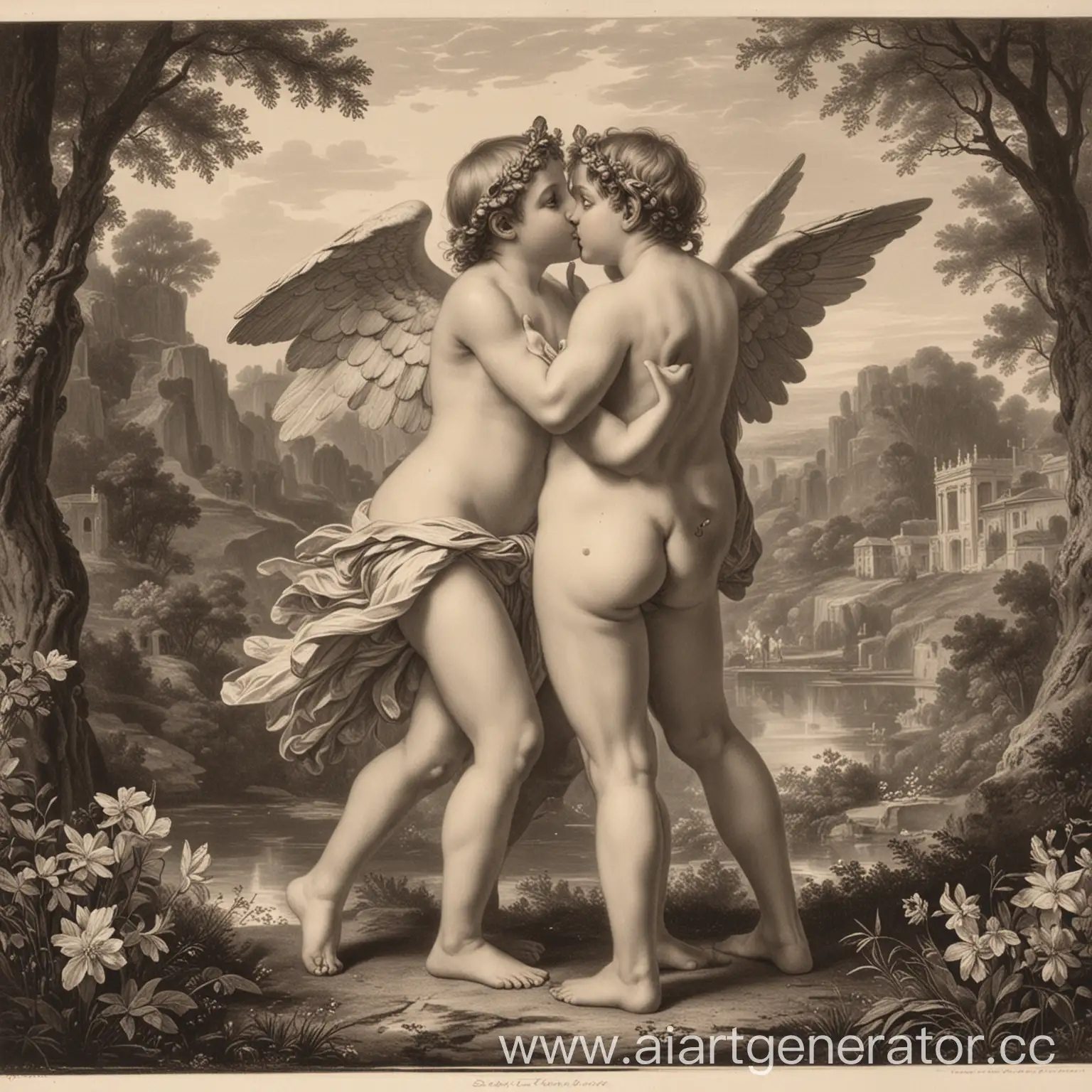 cupid and psyche children kissing on landscape gravure
