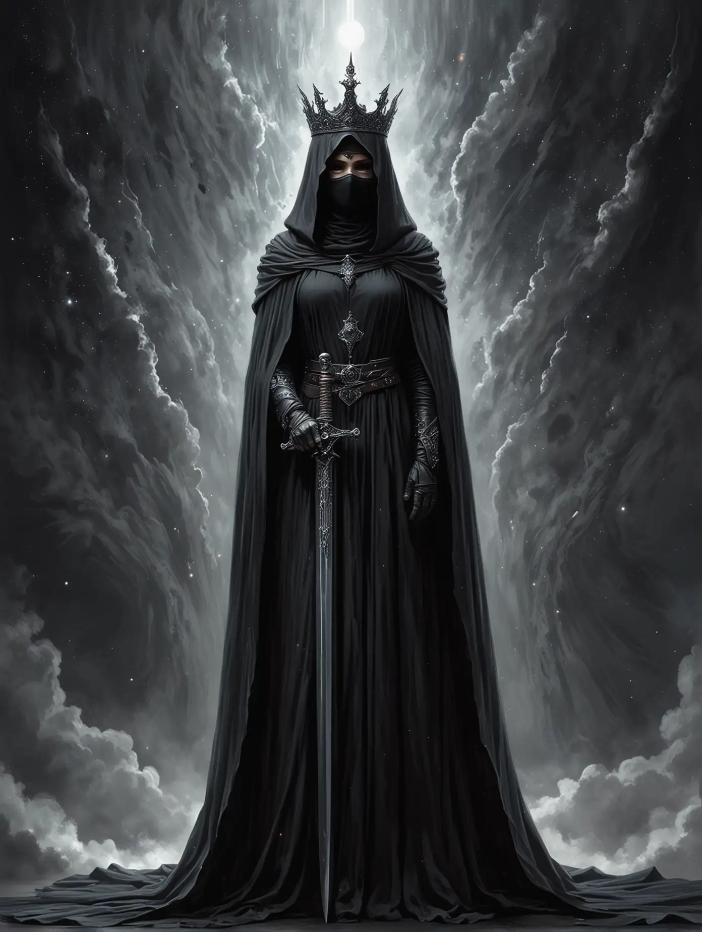 Mystical-Sister-Geserit-Stands-at-the-Edge-of-the-Cosmos-with-Black-Sword-and-Crown