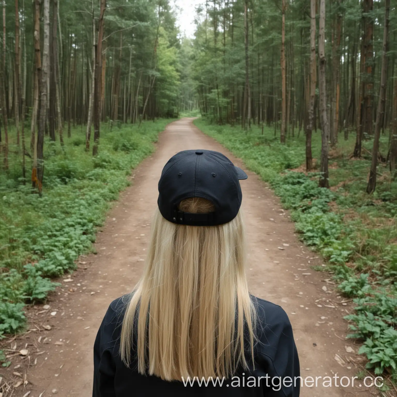 Blonde-Girl-in-Cap-Standing-Alone-in-Forest-Path