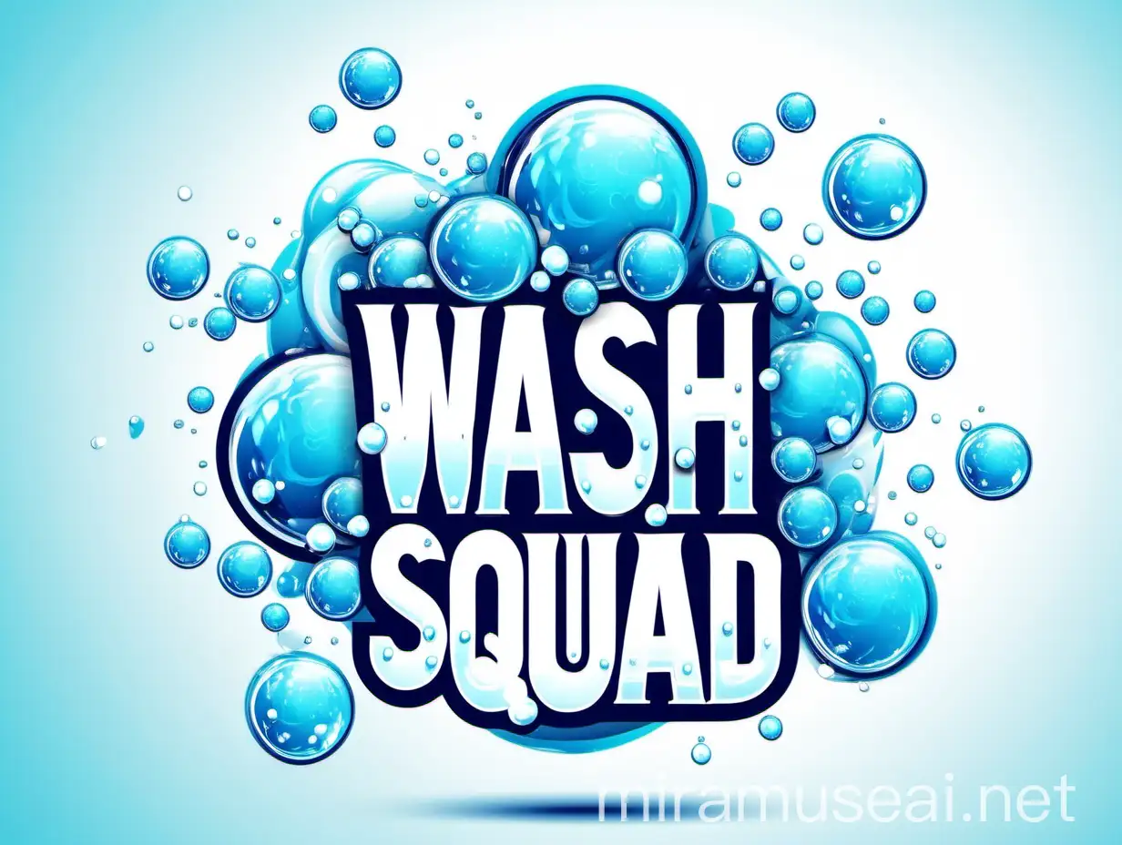 Diseño de logo con el nombre de Wash squad que tenga espuma y burbujas alrededor del texto, de alta calidad e innovador y dinamico con colores azules y fondo blanco