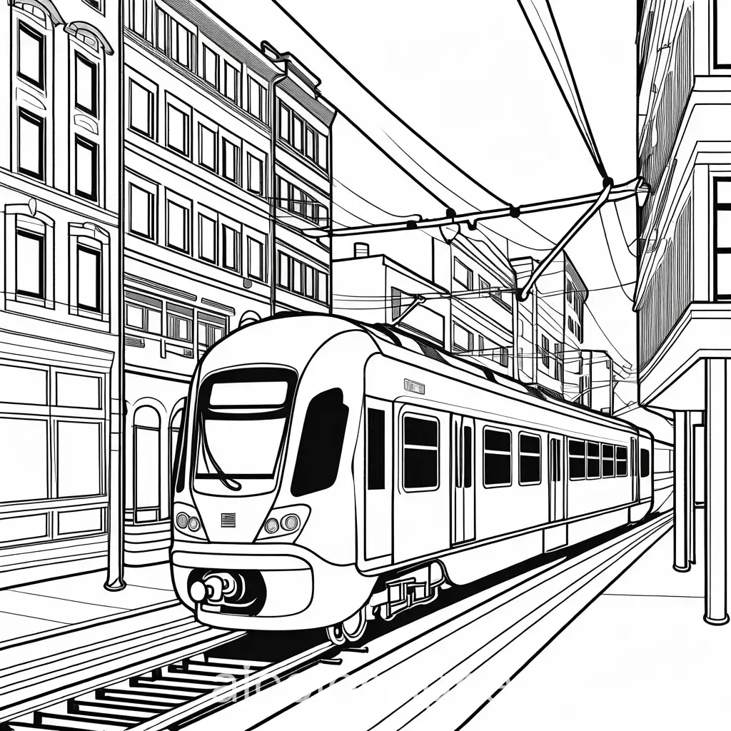 european style train in the style of a coloring book in the city with the electric wires on top , Coloring Page, black and white, line art, white background, Simplicity, Ample White Space. The background of the coloring page is plain white to make it easy for young children to color within the lines. The outlines of all the subjects are easy to distinguish, making it simple for kids to color without too much difficulty