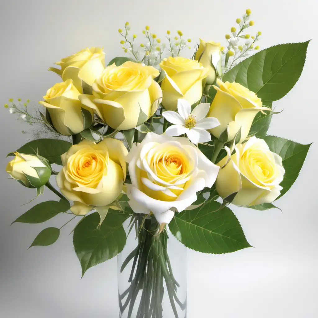 Water colour roses yellow large bunch include white flowers to be in the style of a wild flower arrangement with large amount of green wild leaves.
