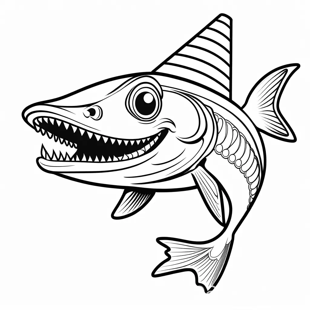 happy barracuda with birthday hat, Coloring Page, black and white, line art, white background, Simplicity, Ample White Space