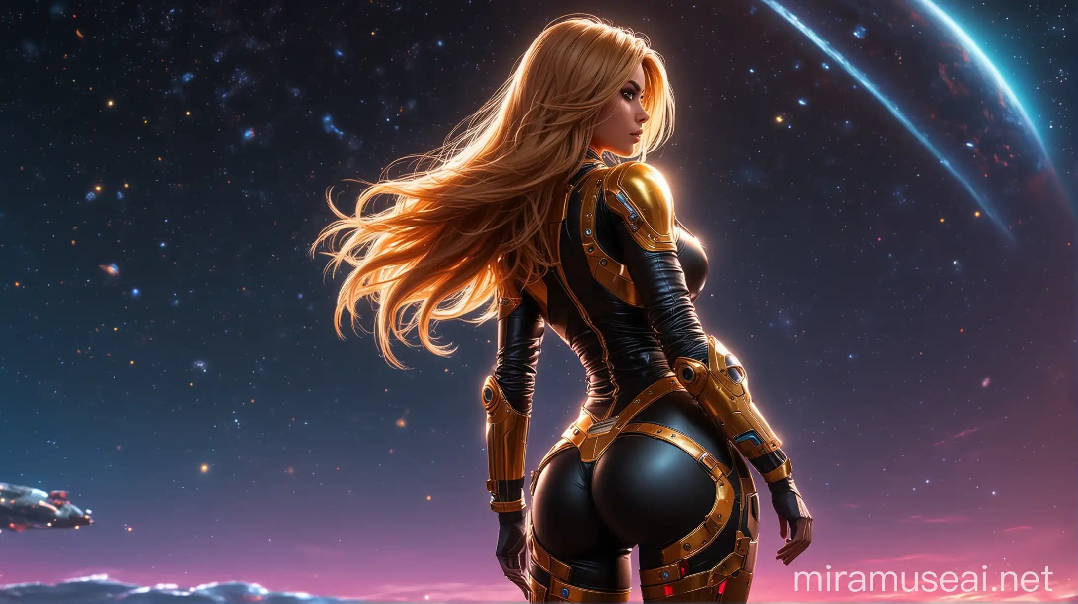 cartoon style, finess model girl, looking in the sky, seductive heroic pose from behind, sexy round ass, wild long modern hair style, tight heavily armored spacesuit, black and gold spacesuit, colorful neon glowing spacesuit, belt with pouches, colorful night sky, giant sci-fi spaceship