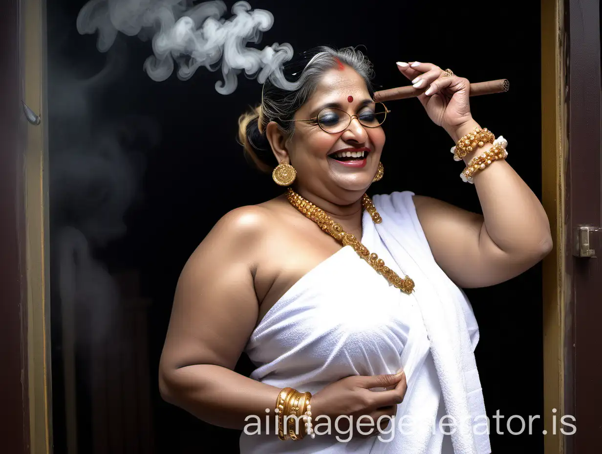 a indian mature  fat woman having big stomach age 47 years old attractive looks with make up on face ,binding her high volume hairs, Gajra Bun Hairstyle. wearing metal anklet on feet and high heels, smoking a cigar  in her hand  , smoke is coming out from cigar  . she is happy and smiling. she is wearing pearl neck lace in her neck , earrings in ears, a gold spectacles with chain holder on her eyes and wearing  only a  white bath towel on her body. she is marching  in a luxurious porch  and enjoying the rain  ,  three black cats are near her  and its day time . its raining very heavy .