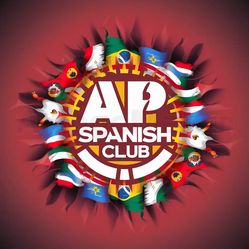 Black AP Spanish Club text with Latin American flags around it. EST 2002