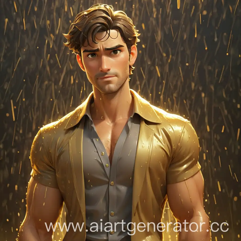 Cartoon-Handsome-Man-Standing-Under-Golden-Rain