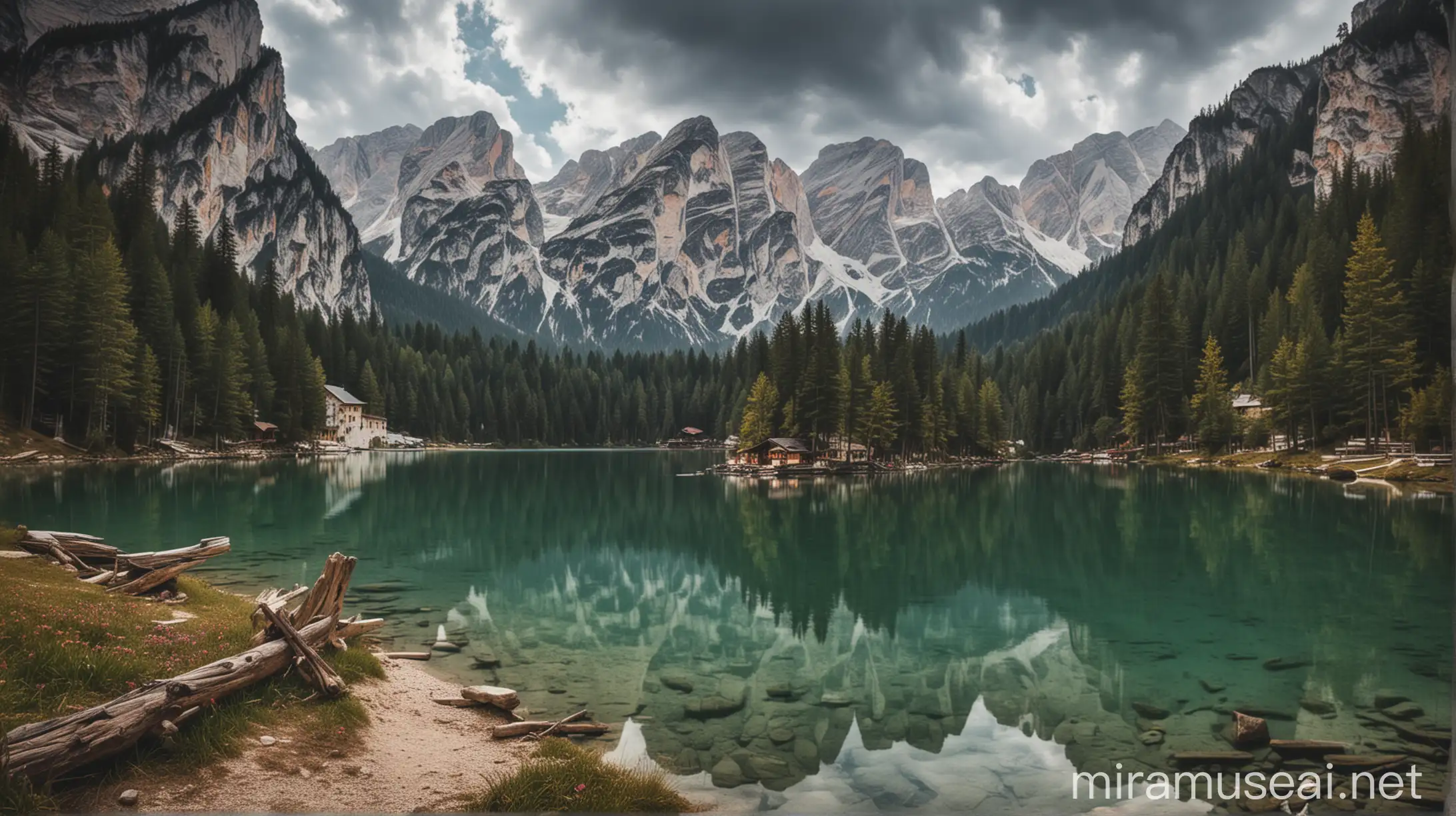 Tranquil Lake Braies Landscape with Alpine Reflections