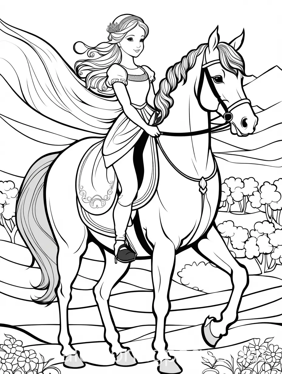 Princess-Riding-Beautiful-Horse-in-Vivid-Colors-Coloring-Page