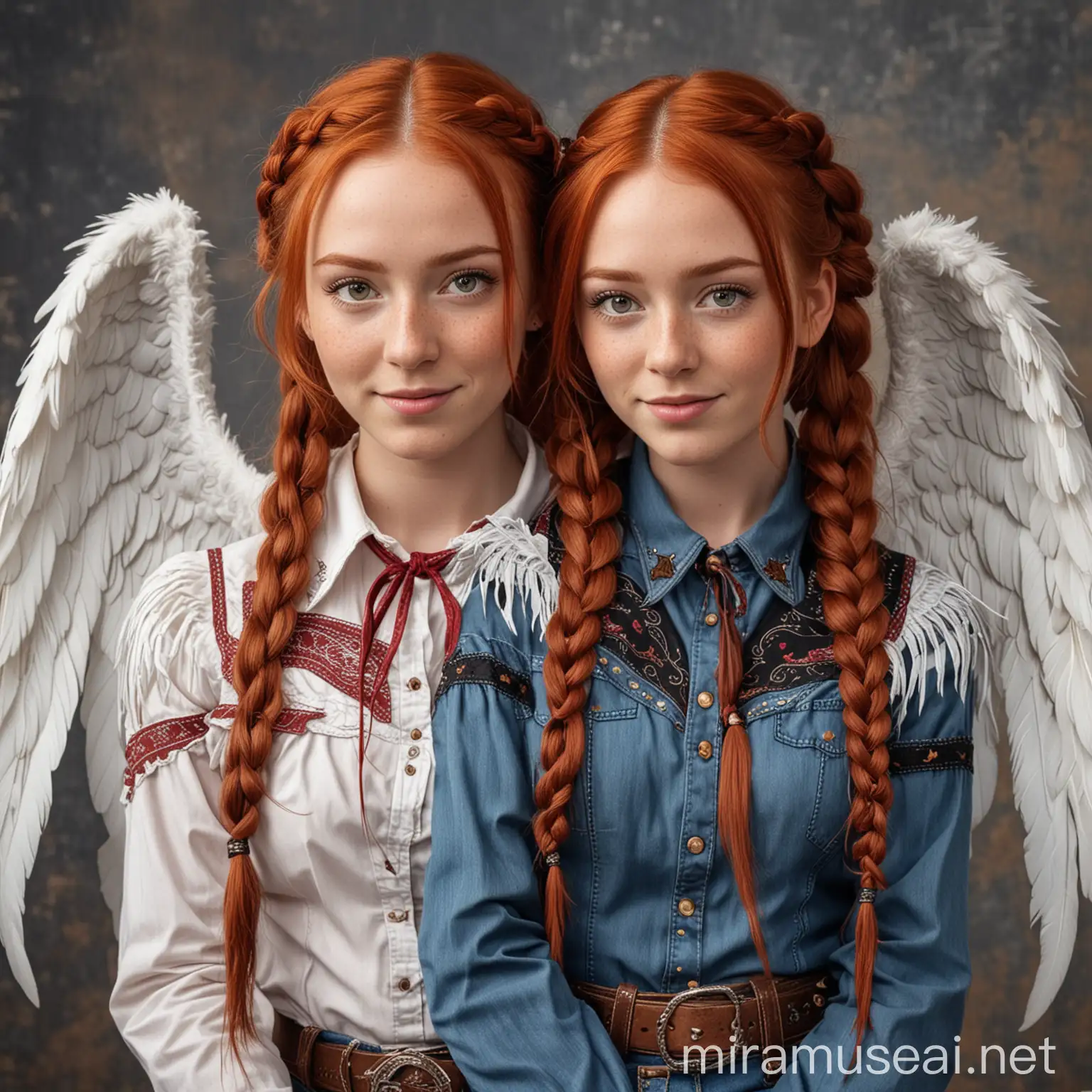 Far West, Cowgirl with a beautiful freckled face and red hair in two long pigtail braids, wears a cowboy shirt and has white angel wings next to her friend, the friend has black hair and black angel wings