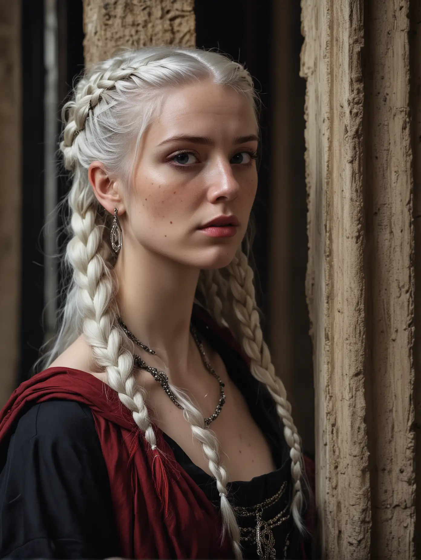 High resolution candid portrait photograph of a woman, with long braided white hair, pale white skin, freckles and purple eyes, high cheekbones and a straight nose, a broad jaw, stern face, fierce expression, wearing a black and red toga gown, and silver jewelry, standing by an arched window, night, medieval background, Byzantine empire, dark lighting, gothic, cinematic style