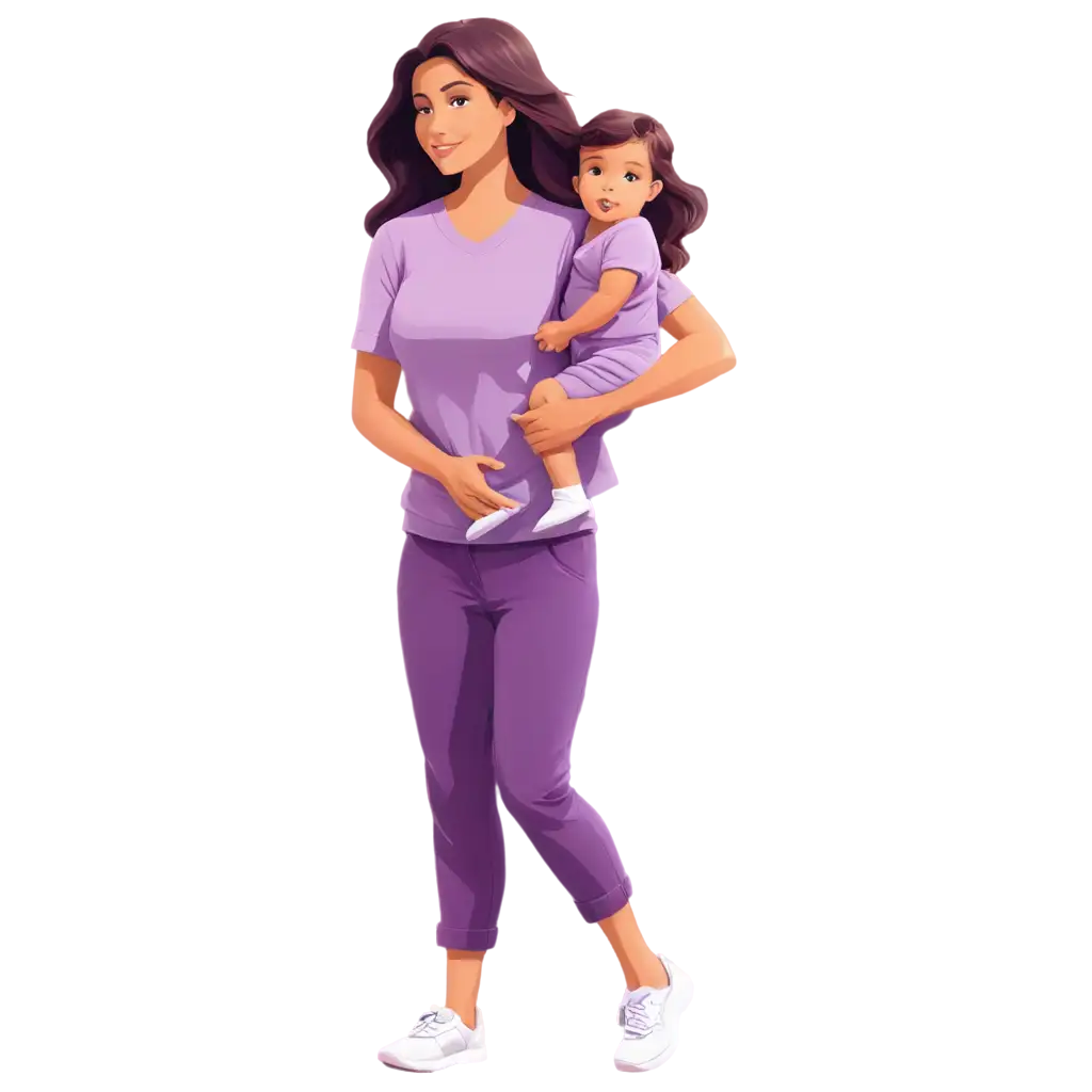 cartoon illustration of a mother with her baby in her hand in purple color tone