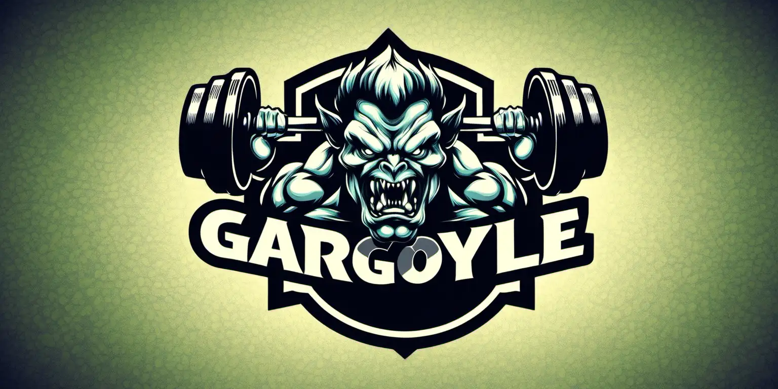 Gargoyle hybrid monster face biting a dumbbell fitness logo
