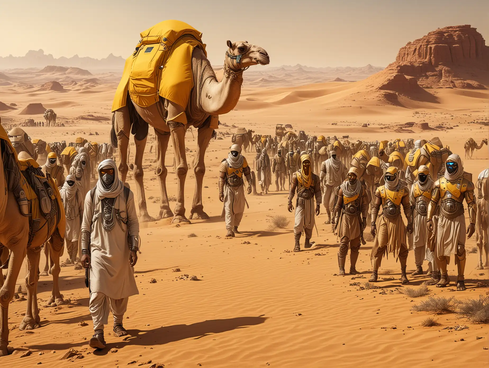 a huge group of futuristic indian cyber-merchants in desert clothes like cyber-sandmasks with huge yellow cyber-robo-camels packed up with resources like futuristic foods, ores and gold With a sci-fi desert background.