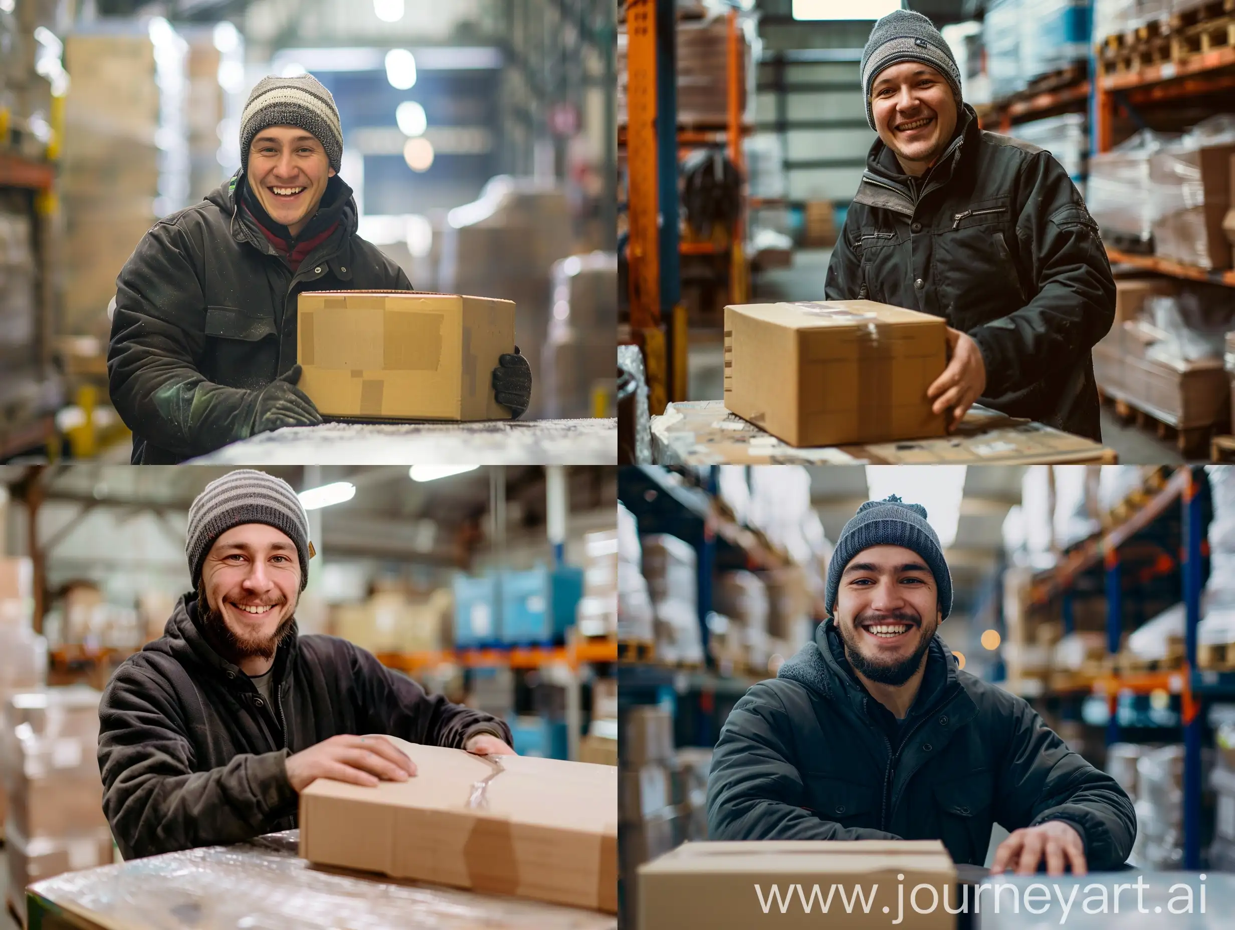 работник склада славянской внешности улыбается на складе и ставит коробку на стол