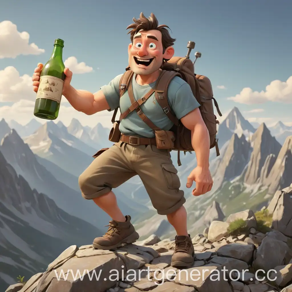 The cartoonish man conquered the mountain and holds a bottle in his hands