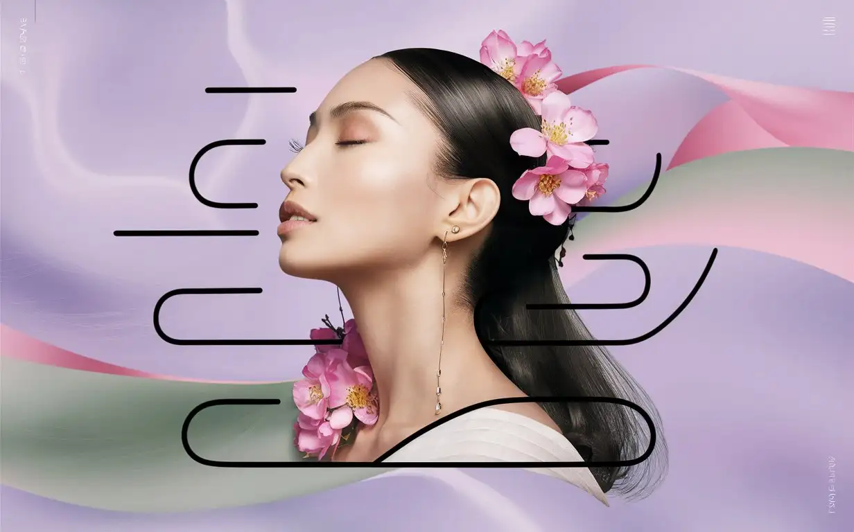 pink and green gradients, featuring a profile view of an Asian woman's face with closed eyes, small earrings, long hair flowing down her neck, pink flowers on one side, against a soft lavender background. The artwork has bold lines, flat shapes, and is characterized by a modern graphic design aesthetic.