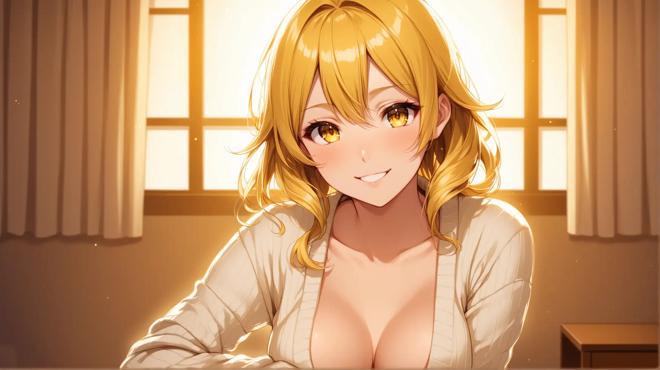 Draw the character Mami Tomoe, blonde, drill hair, yellow eyes, high quality, ambient lighting, long shot, indoors, seductive pose, sweater, revealing, smiling at the viewer