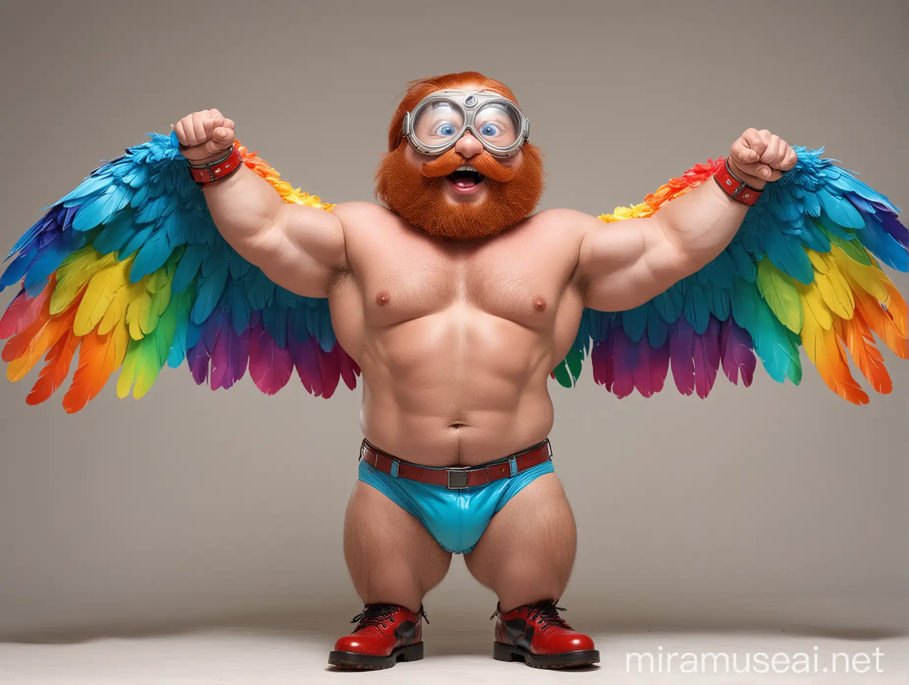 Happy Big Eyes Topless 40s Ultra Beefy Redhead Bodybuilder Daddy with Beard Wearing Multi-Highlighter Bright Rainbow Colored See Through huge Eagle Wings Shoulder Jacket short shorts low leather boots and Flexing his Big Strong Arm Up with Doraemon Goggles on forehead
